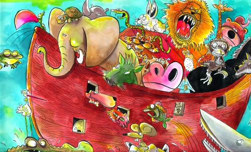 Cartoon: Arca de NOE (medium) by Mario Almaraz tagged animales,,arche noah,apokalypse,schiff,tiere,rettung,neuanfang,bibel,religion,sintflut,weltuntergang,untergang,katastrophe,theologie,arche,noah