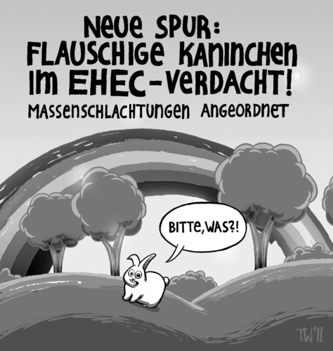 Cartoon: Heckmeck um EHEC (medium) by Tobias Wieland tagged ehec,krankheit,gurke,kaninchen,sprosse,ursprung,verdacht,epedemie,gesundheit,bakterium