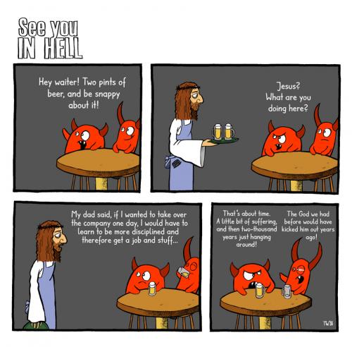 Cartoon: See you in hell (medium) by Tobias Wieland tagged see,you,in,hell,hölle,bar,teufel,jesus,kneipe,fun,funny,humor,humour,