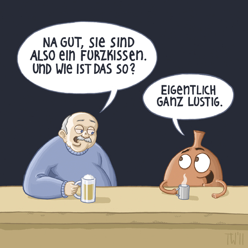 Cartoon: Zufällige Begegnung (medium) by Tobias Wieland tagged scherzartikel,humor,tresen,kaffee,bier,furzkissen,lustig,bar,kneipe,kneipe,bar,lustig,furzkissen,kaffee,bier,tresen,scherzartikel