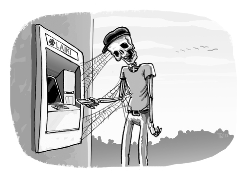 Cartoon: Zypern (medium) by Tobias Wieland tagged zypern,karikatur,tobias,wieland,cartoonbank,banken,rettungspaket,sparen,kunden,konto,geldautomat,ec,eu,europa,euro,krise,bankrott,laiki