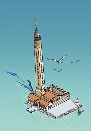 Cartoon: The Maidens Tower Istanbul (medium) by Hilmi Simsek tagged the,maidens,tower,istanbul,turkey,kiz,kulesi,hilmi,simsek,cartoon