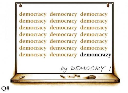 Cartoon: BY DEMOCRY (medium) by QUIM tagged democracy,demon,crazy,cry,people,demokratie,dämon,verrückt,demonstration,weinen,tafel,kreide,kommentar,definition,wiederholung,illustration