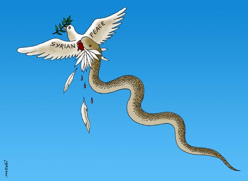 Cartoon: blue sky (medium) by Medi Belortaja tagged assad,al,bashar,snake,blood,pigeon,dove,colombo,confict,war,peace,syrian,syria
