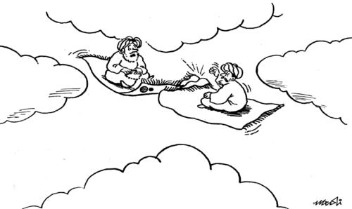Cartoon: collision of flying carpets (medium) by Medi Belortaja tagged accident,carpets,flying,collision,clash,humor