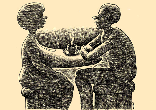Cartoon: comfortable table (medium) by Medi Belortaja tagged lovers,love,woman,man,breast,talking,coffee,table,comfortable