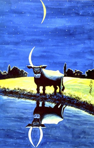 Cartoon: cow reflection in lake (medium) by Medi Belortaja tagged water,night,moon,horns,cow