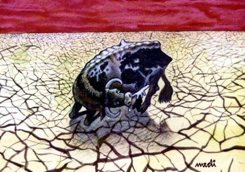 Cartoon: cow thirst (medium) by Medi Belortaja tagged land,cracked,food,water,environment,thirst,cow,world