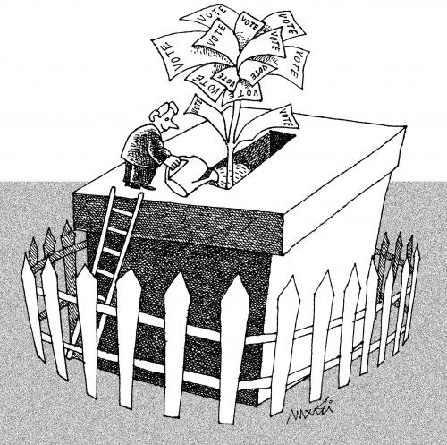 Cartoon: irrigation vote (medium) by Medi Belortaja tagged fence,vote,irrigation,ballot,box,elections