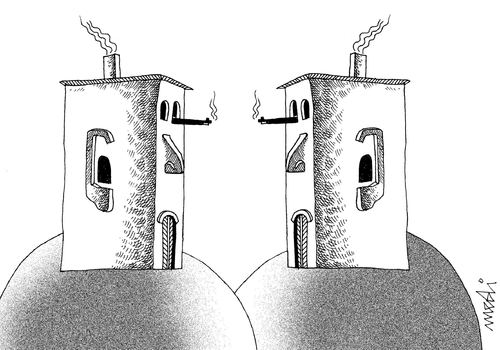 Cartoon: enemy houses (medium) by Medi Belortaja tagged houses,enemy,conflict,weapons,gun