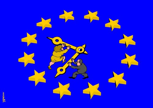 Cartoon: EU clock (medium) by Medi Belortaja tagged hollande,francois,merkel,angela,crisis,eurozone,europe,clock,eu