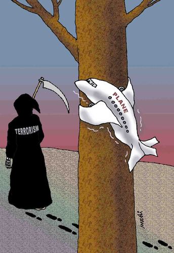 Cartoon: fear of terror (medium) by Medi Belortaja tagged death,plane,terror,fear