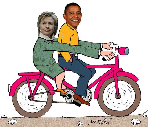 Cartoon: Hillary Clinton and Obama (medium) by Medi Belortaja tagged usa,presidential,bicycle,obama,barack,clinton,hillary