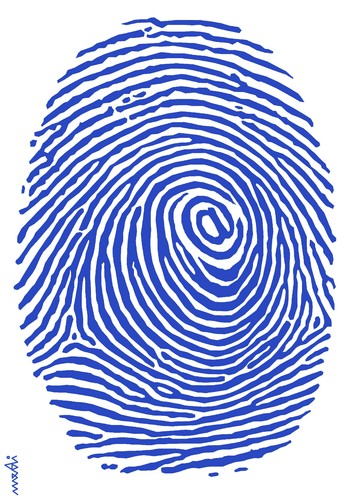 Cartoon: internet fingerprint (medium) by Medi Belortaja tagged crime,theft,spy,identity,twitter,fb,symbol,at,fingerprint,internet