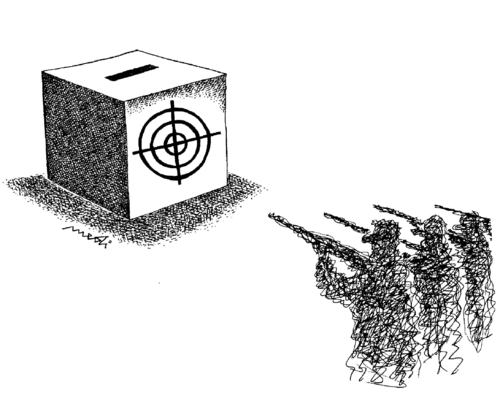 Cartoon: kill elections (medium) by Medi Belortaja tagged elections,kill,target,ballot,box,manipulation