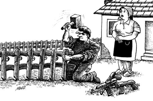 Cartoon: Peace fence (medium) by Medi Belortaja tagged husband,wife,war,weapons,guns,fence,peace