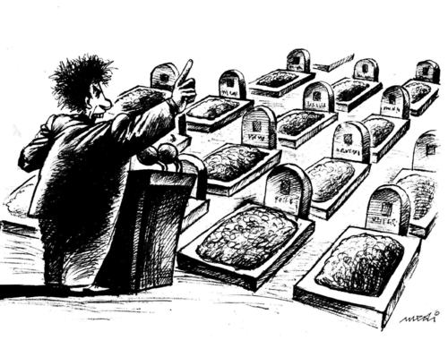 Cartoon: political speech (medium) by Medi Belortaja tagged hypokrisia,cynism,speech,political,cemetry,dead,politicians