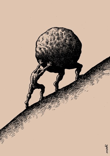 Cartoon: sisyphus (medium) by Medi Belortaja tagged stone,legs,sisyphus,suffer,suffered,suffering,weight,man,failure