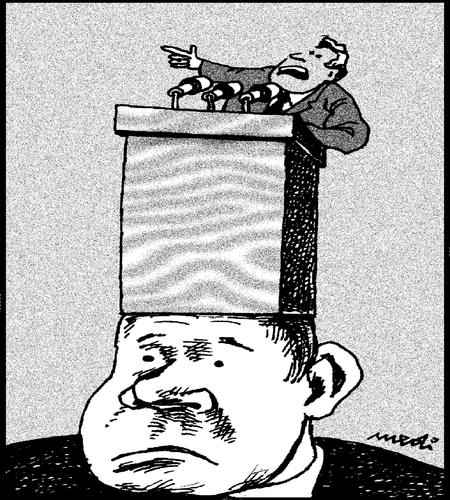 Cartoon: speech (medium) by Medi Belortaja tagged polticians,elections,democracy,head,podium,hat,dictatorship,chief,people,speech,leader