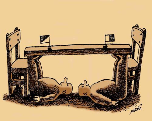 Cartoon: dinner for two (medium) by Medi Belortaja tagged conversation,negotiation,politicians,men,table