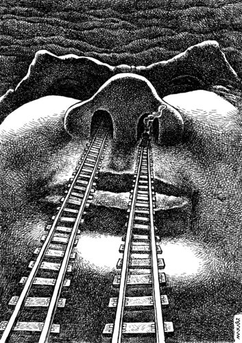 Cartoon: train tunnels (medium) by Medi Belortaja tagged trip,face,railways,nose,tunnels,train
