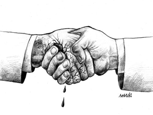 Cartoon: shaking hands (medium) by Medi Belortaja tagged hands,shaking,blood,cracked,handshake