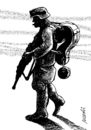 Cartoon: quo vadis (small) by Medi Belortaja tagged soldier,war,mark,question,bag,military