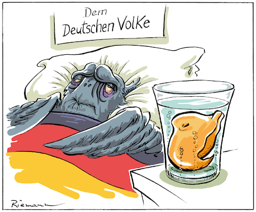 Cartoon: Bundesadler (medium) by Riemann tagged deutschland,bundesadler,wirtschaft,regierung,krank,alt,kraftlos,gebiss,cartoon,george,riemann,deutschland,bundesadler,wirtschaft,regierung,krank,alt,kraftlos,gebiss,cartoon,george,riemann