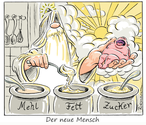 Cartoon: Der Neumensch 3000 (medium) by Riemann tagged ernährung,gesundheit,essen,fast,food,junk,billig,kochen,körper,fitness,nestle,cola,ungesund,fett,übergewicht,coca,pepsico,danone,unilever,gott,schöpfung,cartoon,george,riemann,ernährung,gesundheit,essen,fast,food,junk,billig,kochen,körper,fitness,nestle,cola,ungesund,fett,übergewicht,coca,pepsico,danone,unilever,gott,schöpfung,cartoon,george,riemann