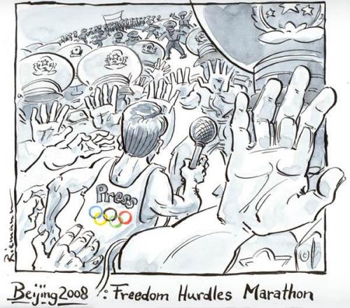 Cartoon: Press Hurdle Marathon (medium) by Riemann tagged china,olympia,censorship,oppression,freedom,politics,zensur,sport,police