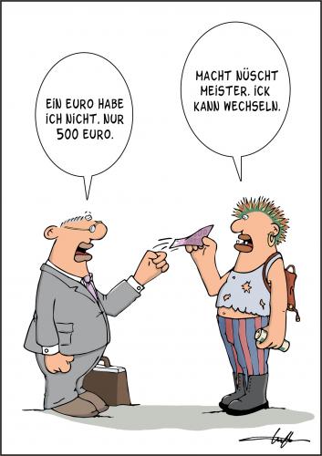 Cartoon: Haste mal ne Mark? (medium) by luftzone tagged cartoon,mann,man,punker,geschäftsmann,geld,money,euro,gesellschaft,punk,punker,obdachlos,arbeitslos,betteln,schnorren,geld,wechseln,geldschein,wechselgeld,verhältnisse,vortäuschen,täuschung,betrug