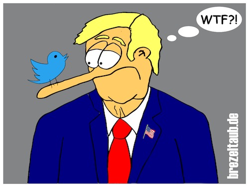 Cartoon: Trump and Twitter (medium) by brezeltaub tagged donald,trump,usa,us,president,präsident,twitter,account,waffe,skandal,weisses,haus,brezeltaub,pinocchio,alternative,fakten,facts,wtf,what,the