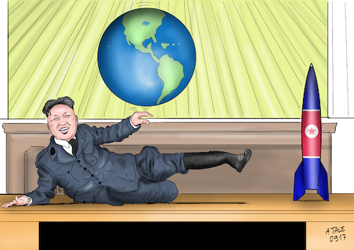 Cartoon: Atomwaffentest Nordkorea (medium) by Ago tagged nordkorea,staatsfuehrer,kim,jong,un,atombombe,atomwaffentest,nukleartest,wasserstoffbombe,interkontinentalrakete,asien,china,japan,suedkorea,spaltung,diktatur,provokation,internationales,recht,sicherheitsrat,usa,reaktionen,sanktionen,isolierung,eskalation,konflikt,bedrohung,politik,szene,der,grosse,diktator,charlie,chaplin,spielen,globus,welt,erdkugel,karikatur,cartoon,illustration,tale,nordkorea,staatsfuehrer,kim,jong,un,atombombe,atomwaffentest,nukleartest,wasserstoffbombe,interkontinentalrakete,asien,china,japan,suedkorea,spaltung,diktatur,provokation,internationales,recht,sicherheitsrat,usa,reaktionen,sanktionen,isolierung,eskalation,konflikt,bedrohung,politik,szene,der,grosse,diktator,charlie,chaplin,spielen,globus,welt,erdkugel,karikatur,cartoon,illustration,tale