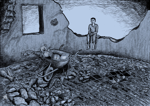 Cartoon: Collateral damage (medium) by Ago tagged buch,spielzeug,ruine,obdachlos,zivilbevoelkerung,zukunft,kind,schaeden,gewalt,frieden,opfer,krieg,kollateralschaeden