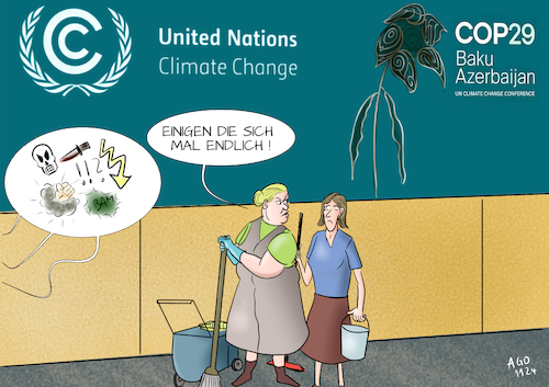 Cartoon: COP 29 Einigung n.V. (medium) by Ago tagged un,klimakonferenz,cop29,baku,aserbaidschan,klimaziele,umweltschutz,reduzierung,ausstoß,treibhausgase,streit,verhandlungen,industriestaaten,unterstützung,finanziell,entwicklungsländer,verlängerung,nachsitzen,späte,einigung,reinigungskräfte,logo,verwelkt,politik,caricature,karikatur,cartoon,pressezeichnung,illustration,ago,agostino,natale,un,klimakonferenz,cop29,baku,aserbaidschan,klimaziele,umweltschutz,reduzierung,ausstoß,treibhausgase,streit,verhandlungen,industriestaaten,unterstützung,finanziell,entwicklungsländer,verlängerung,nachsitzen,späte,einigung,reinigungskräfte,logo,verwelkt,politik,caricature,karikatur,cartoon,pressezeichnung,illustration,ago,agostino,natale