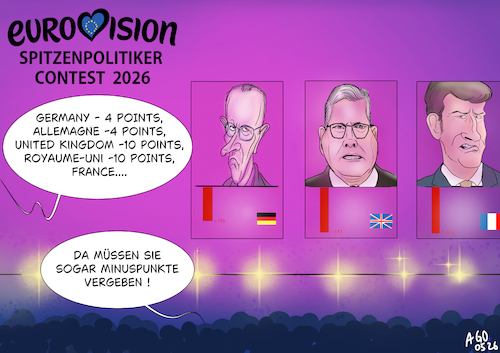 Cartoon: ESC 2026 (medium) by Ago tagged esc,2026,eurovision,song,contest,show,spektakel,europa,regierungen,unbeliebt,umfragewerte,krise,kritik,frankreich,deutschland,groß,britannien,bundeskanzler,friedrich,merz,premierminister,keir,starmer,staatspräsident,emmanuel,macron,punkte,politik,karikatur,cartoon,pressezeichnung,illustration,ago,agostino,natale,esc,2026,eurovision,song,contest,show,spektakel,europa,regierungen,unbeliebt,umfragewerte,krise,kritik,frankreich,deutschland,groß,britannien,bundeskanzler,friedrich,merz,premierminister,keir,starmer,staatspräsident,emmanuel,macron,punkte,politik,karikatur,cartoon,pressezeichnung,illustration,ago,agostino,natale