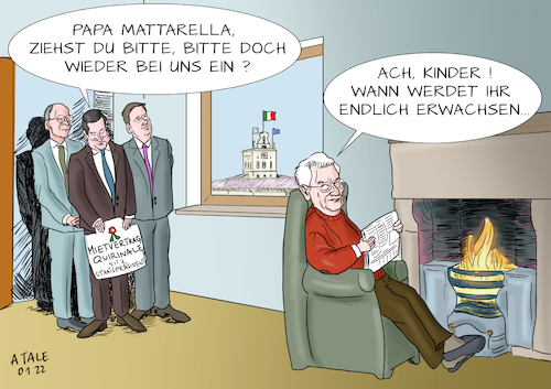 Cartoon: Mattarella again (medium) by Ago tagged italien,wahl,staatspräsident,regierung,draghi,renzi,letta,wiederwahl,mattarella,trotz,rückzug,80,jahre,alt,keine,alternativen,mehrheiten,parteikämpfe,rechtes,lager,machtspiele,schmierentheater,politik,caricature,karikatur,cartoon,pressezeichnung,illustration,tale,agostino,natale,italien,wahl,staatspräsident,regierung,draghi,renzi,letta,wiederwahl,mattarella,trotz,rückzug,80,jahre,alt,keine,alternativen,mehrheiten,parteikämpfe,rechtes,lager,machtspiele,schmierentheater,politik,caricature,karikatur,cartoon,pressezeichnung,illustration,tale,agostino,natale