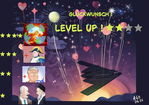 Cartoon: Next Level... (medium) by Ago tagged nahost,israel,iran,netanjahu,ali,chamenei,konflikt,krieg,terror,raketenbeschuss,atomanlagen,angriff,intervention,usa,donald,trump,b2,stealth,bomber,tarnkappenbomber,zuspitzung,eskalation,reaktion,schutzmacht,russland,putin,computerspiel,level,atompilz,weltkrieg,politik,caricature,karikatur,cartoon,pressezeichnung,illustration,ago,agostino,natale,nahost,israel,iran,netanjahu,ali,chamenei,konflikt,krieg,terror,raketenbeschuss,atomanlagen,angriff,intervention,usa,donald,trump,b2,stealth,bomber,tarnkappenbomber,zuspitzung,eskalation,reaktion,schutzmacht,russland,putin,computerspiel,level,atompilz,weltkrieg,politik,caricature,karikatur,cartoon,pressezeichnung,illustration,ago,agostino,natale