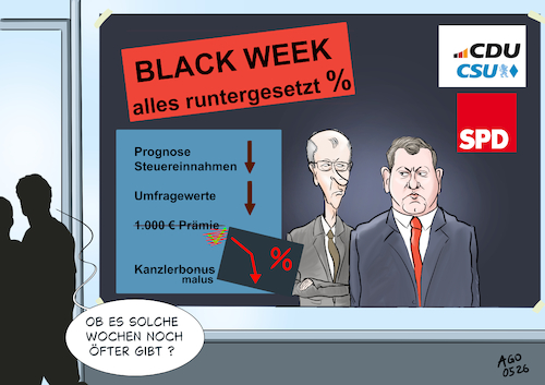 Cartoon: Schwarze Woche... (medium) by Ago tagged deutschland,regierung,koalition,schwarz,rot,cdu,csu,spd,kanzler,friedrich,merz,finanzminister,vize,lars,klingbeil,schwarze,woche,negative,entwicklung,umfragewerte,prognose,steuereinnahmen,veto,bundesrat,streit,differenzen,koalitionspartner,schlechte,noten,bevölkerung,black,week,politik,caricature,karikatur,cartoon,pressezeichnung,illustration,ago,agostino,natale,deutschland,regierung,koalition,schwarz,rot,cdu,csu,spd,kanzler,friedrich,merz,finanzminister,vize,lars,klingbeil,schwarze,woche,negative,entwicklung,umfragewerte,prognose,steuereinnahmen,veto,bundesrat,streit,differenzen,koalitionspartner,schlechte,noten,bevölkerung,black,week,politik,caricature,karikatur,cartoon,pressezeichnung,illustration,ago,agostino,natale