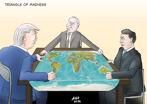 Cartoon: Triangle of madness (medium) by Ago tagged usa,russland,china,präsident,trump,putin,xi,jinping,neue,weltordnung,autokraten,diktaturen,imperialismus,kriege,militäreinsätze,bedrohung,missachtung,un,völkerrecht,interessen,wirtschaft,rohstoffe,einflusszonen,dominanz,herrschen,zerfall,westen,bündnis,demokratien,nato,politik,caricature,karikatur,cartoon,pressezeichnung,illustration,ago,agostino,natale,usa,russland,china,präsident,trump,putin,xi,jinping,neue,weltordnung,autokraten,diktaturen,imperialismus,kriege,militäreinsätze,bedrohung,missachtung,un,völkerrecht,interessen,wirtschaft,rohstoffe,einflusszonen,dominanz,herrschen,zerfall,westen,bündnis,demokratien,nato,politik,caricature,karikatur,cartoon,pressezeichnung,illustration,ago,agostino,natale