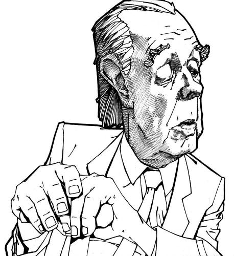 Cartoon: Borges (medium) by freekhand tagged jorge,luis,borges,writer,tales,aleph,sandbook,jorge luis borges,schriftsteller,literatur,karikatur,illustration,argentinien,idealismus,erzählung,essay,jorge,luis,borges