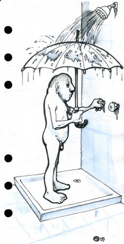 Cartoon: Shower (medium) by freekhand tagged shower,umbrella,water,,badezimmer,waschraum,dusche,duschen,wasser,regenschirm,mann,nackt,absurd,zwecklos,nass