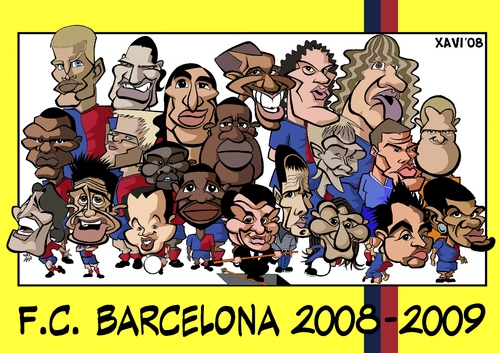 Cartoon: FC Barcelona 2008-2009 (medium) by Xavi dibuixant tagged soccer,fc,iniesta,henry,etoo,messi,caricature,football,2009,barcelona
