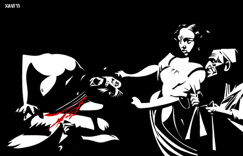 Cartoon: Giuditta e Oloferne - Caravaggio (medium) by Xavi dibuixant tagged giuditta,oloferne,caravaggio,judit,holofernes,judith,beheading,barroco,painting,picture,black,white,giuditta e oloferne,caravaggio,kunst,künstler,giuditta,oloferne
