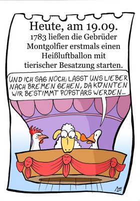 Cartoon: 19. September (medium) by chronicartoons tagged montgolfier,huhn,ente,schaf,bremer,stadtmusikanten,cartoon