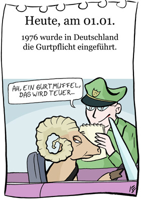 Cartoon: 1.Januar (medium) by chronicartoons tagged gurtpflicht,gurtmuffel,muffelwild,verkehrspolizist,cartoon