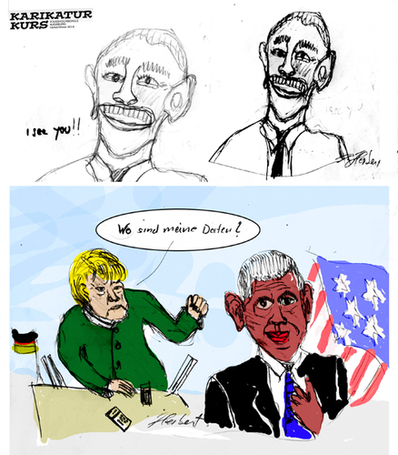 Cartoon: VHS Karikatur-Kurs 14 (medium) by zenundsenf tagged becherer,herbert,müller,christine,heimann,irmgard,bissinger,abhören,handy,spionageaffaire,präsident,amerikanischer,obama,barak,deutschland,bundeskanzlerin,merkel,angela,hardy,laurel,chaplin,charlie,hitler,adolf,2014,karikaturkurs,augsburg,volkshochschule