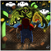 Cartoon: Mario VS Hulk (small) by Abe tagged mario super nes nintendo video game comic marvel fight action pose giant cartoon style art toon red green cloud coin brick fire ball fireball