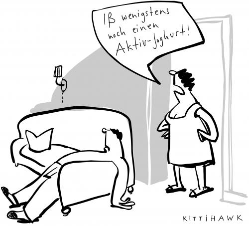 Cartoon: aktivjoghurt (medium) by kittihawk tagged nichtstun,apathie,faul,faulheit,ansporn,sofa,lethagie,joghurt,aktiv,gesundheit,medizin