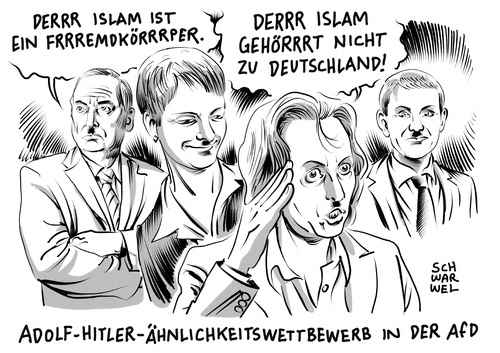 Cartoon: AfD zurrt Anti-Islam-Kurs fest (medium) by Schwarwel tagged afd,alternative,für,deutschland,antiislam,antiislamistisch,extrem,terror,krieg,hass,wut,gewalt,partei,rechts,nazi,rechtsextrem,minarette,muezzins,karikatur,schwarwel,hitler,führer,adolf,islam,frauke,petry,storch,afd,alternative,für,deutschland,antiislam,antiislamistisch,extrem,terror,krieg,hass,wut,gewalt,partei,rechts,nazi,rechtsextrem,minarette,muezzins,karikatur,schwarwel,hitler,führer,adolf,islam,frauke,petry,storch